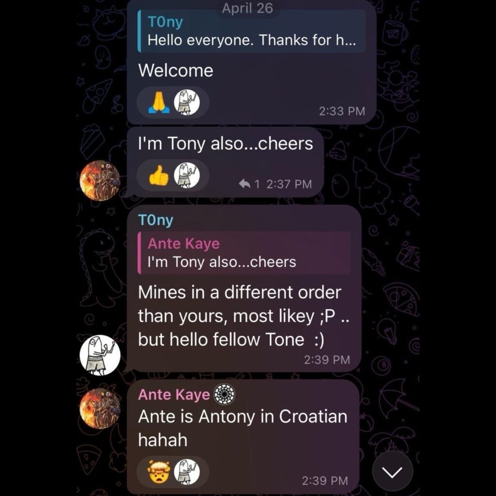 Screenshot of an April 2023 message in the GDL Telegram chat where user Ante Kaye says his first name is Tony and that Ante is Croatian for Anthony.