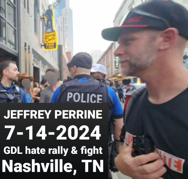 The same white man is in the city during the day. He is wearing a baseball cap and has a go-pro camera on his chest, which he is steadying. In the distance are police officers and people protesting the GDL march. The picture label says, "Jeffrey Perrine 7-14-2024 GDL hate rally and fight, Nashville Tennessee."