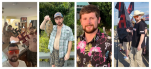 Collage of four photos: 1. Bryan in a house with three GDL nazis visible behind him, throwing salutes and holding swastikas. 2. Bryan making a goofy face and holding a fish in an unbuttoned shirt. 3. Clear photo of Bryan Bishop in a Hawaiian shirt. 4. Bryan Bishop holding a Nazi flag on the overpass with other GDL Nazis in Nashville, Tennessee.