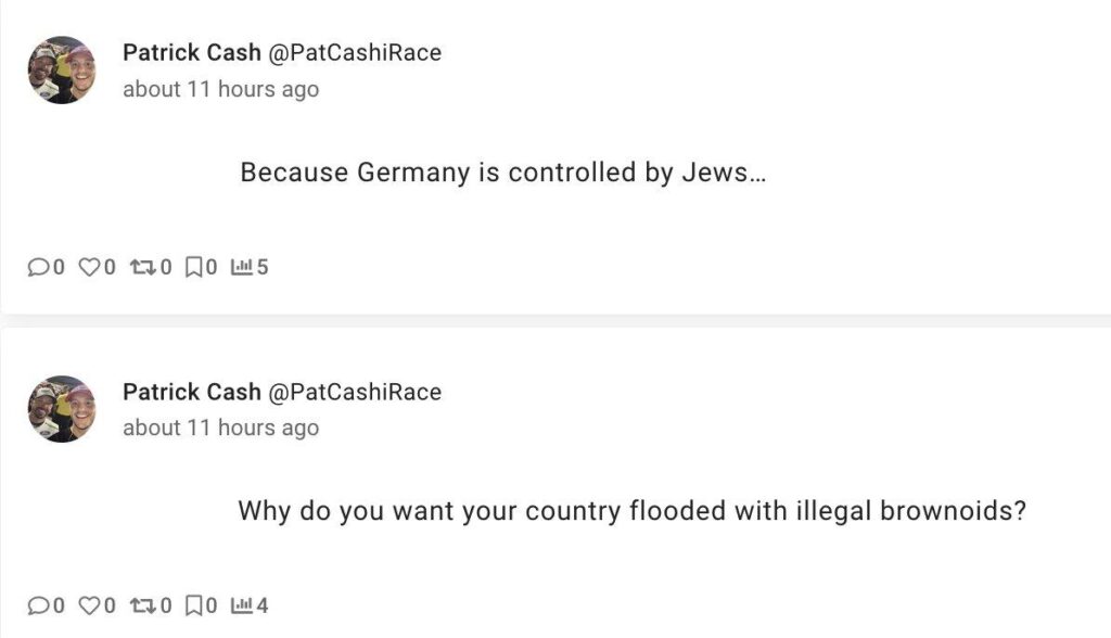 twitter user Patrick Cash @PatCashiRace replying to two different people in sequence. Patrick: "Because Germany is controlled by Jews..." and then "Why do you want your country flooded with illegal brownoids?"