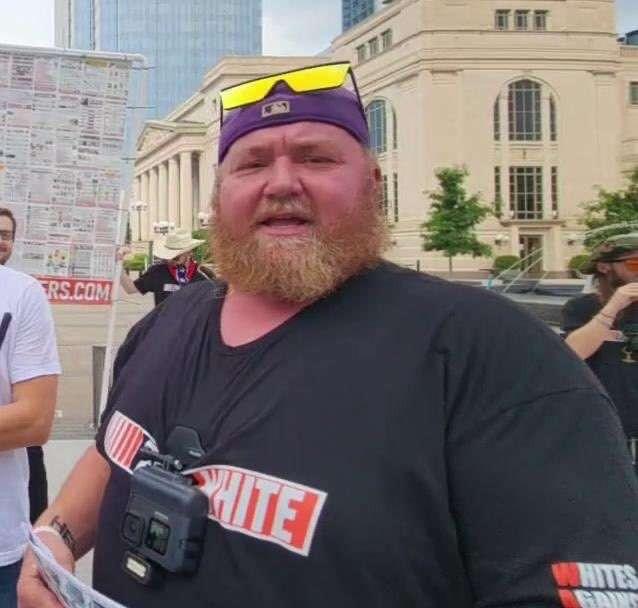 July 14, 2024 image of Goyim Defense League goon Louie Edward Dunn - aka "Buck Fiden" - during GDL's intimidation tour in Nashville last summer.